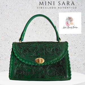 Green Handbag Mini Sara Hand-Tooled Artesian 100% Genuine Leather